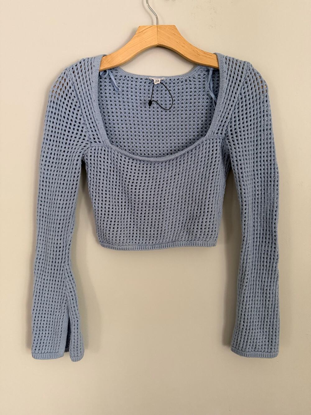 Garage Lonnie square neck open stitch sweater in light blue, size medium